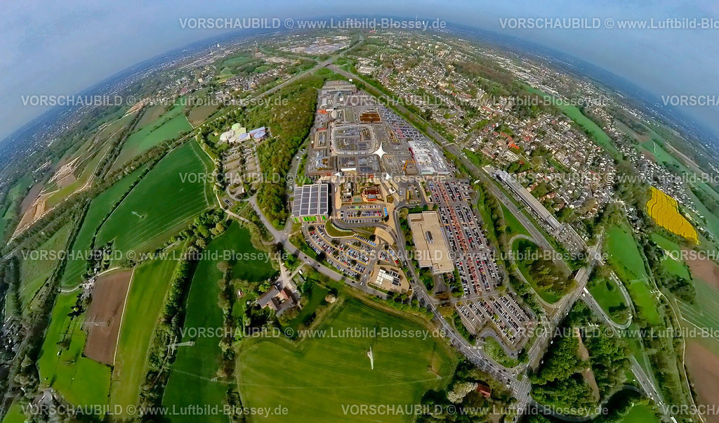 Bochum240490013RuhrparkEinkaufszentrum | Luftbild, Ruhr Park Einkaufszentrum mit Parkplätzen, an der Autobahn A40 und Autobahn A43, Erdkugel, Fisheye Aufnahme, Fischaugen Aufnahme, 360 Grad Aufnahme, tiny world, little planet, fisheye Bild, Harpen, Bochum, Ruhrgebiet, Nordrhein-Westfalen, Deutschland