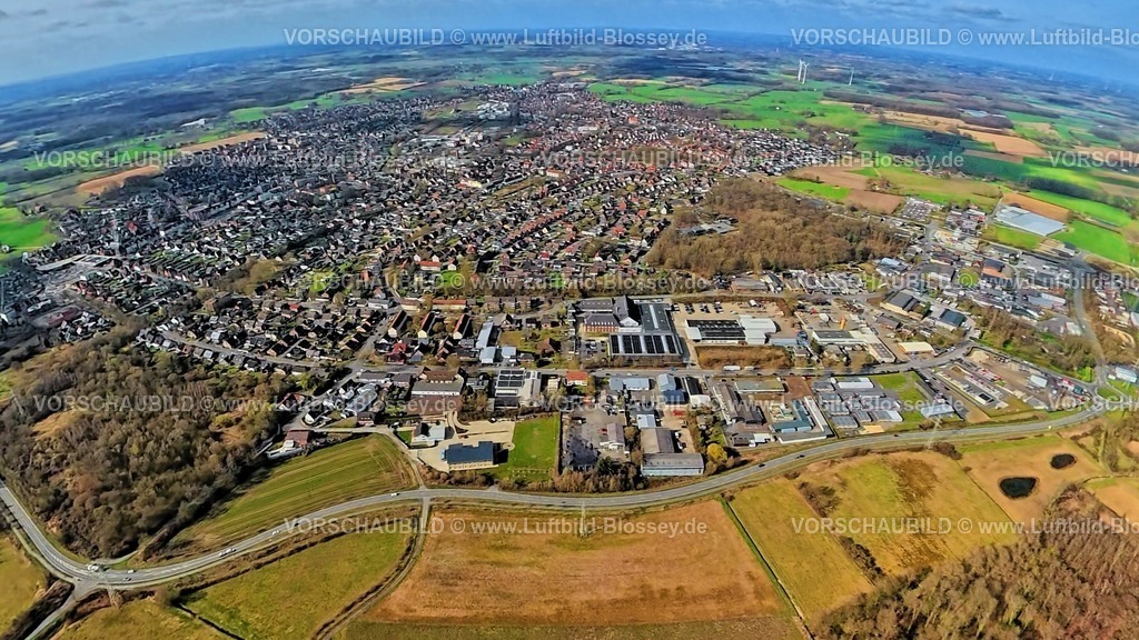 Selm260306927_Insta360 | Luftbild, Ortsansicht Wohngebiet Selm, unten das Gewerbegebiet Industriestraße, Erdkugel, Fisheye Aufnahme, Fischaugen Aufnahme, 360 Grad Aufnahme, tiny world, little planet, fisheye Bild, Selm, Münsterland, NRW, Deutschland