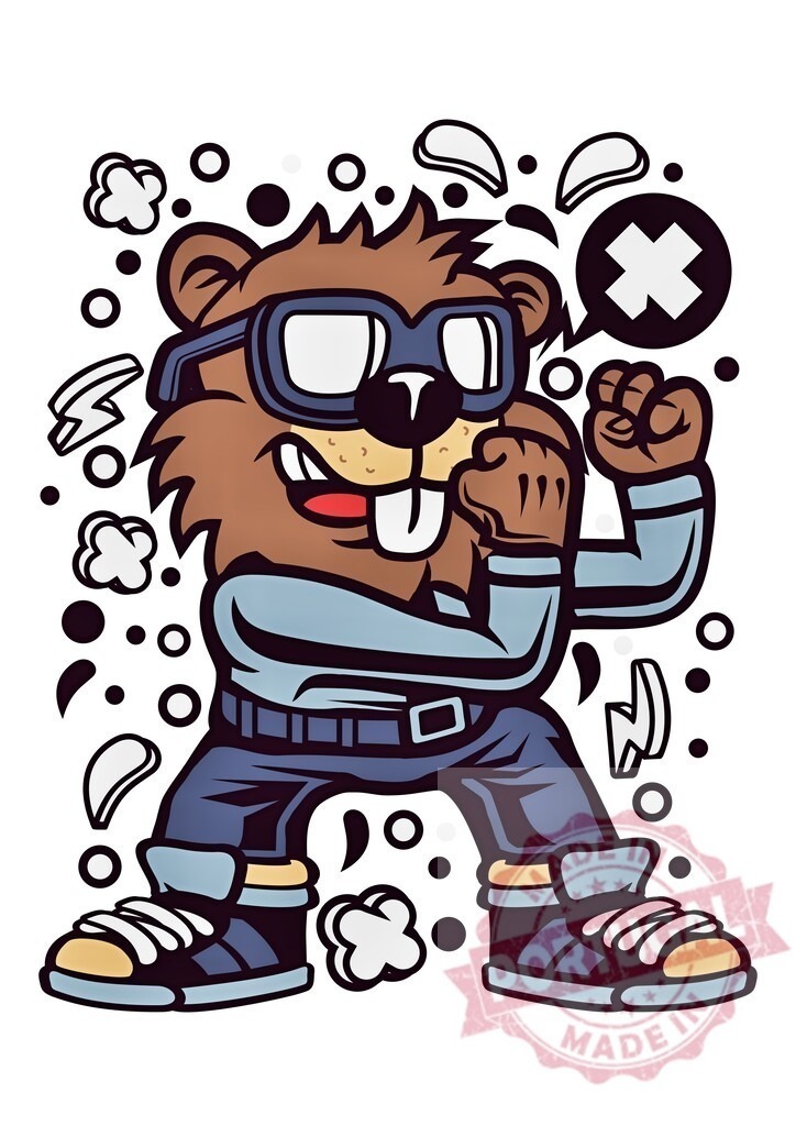 Cartoon beaver character wearing glasses standing fighting pose | Cartoon beaver wearing glasses and clothes standing in a fighting pose with angry expression - Realized with Pictrs.com