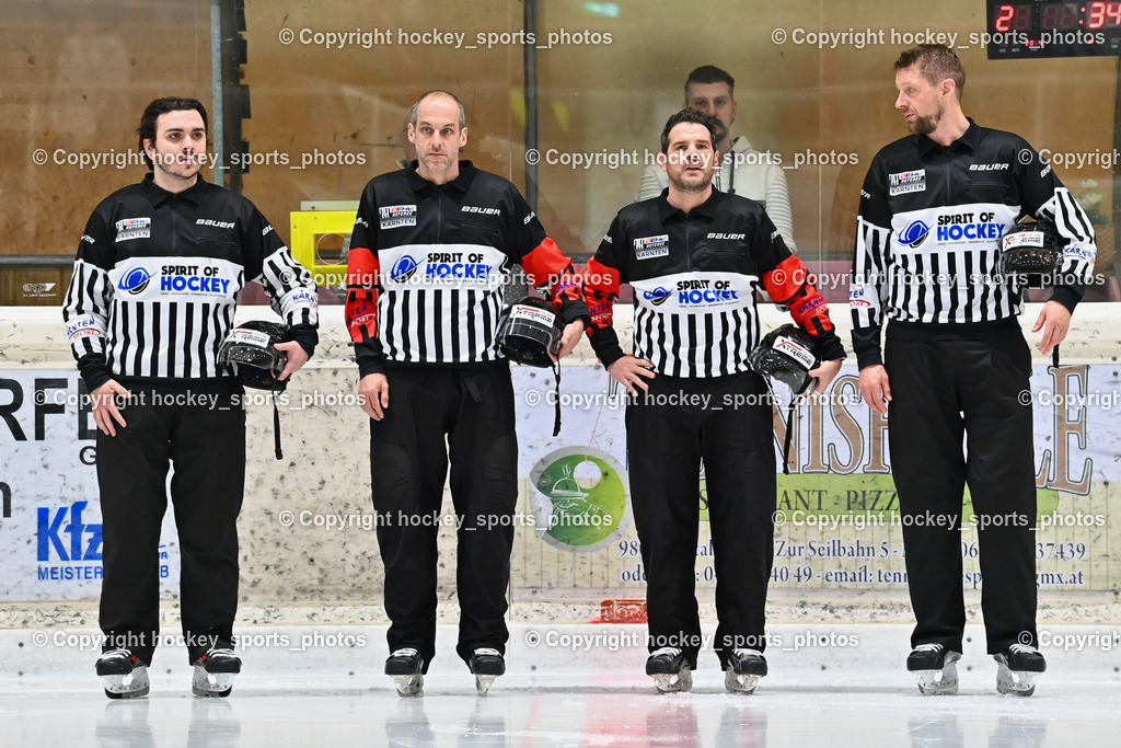 EC Hornets Spittal vs. ESC Steindorf 23.2.2024 | Grimmiger Raphael Referee, DREIER Alexander Referee, WIDMANN Floria Referee, MIKE David Norbert Referee, EC Hornets Spittal vs. ESC Steindorf 23.2.2024, EC Hornets Spittal vs. ESC Steindorf 23.2.2024 am 23.02.2024 in Spittal an der Drau (Eissportzentrum Spittal), Austria, (Photo by Bernd Stefan)