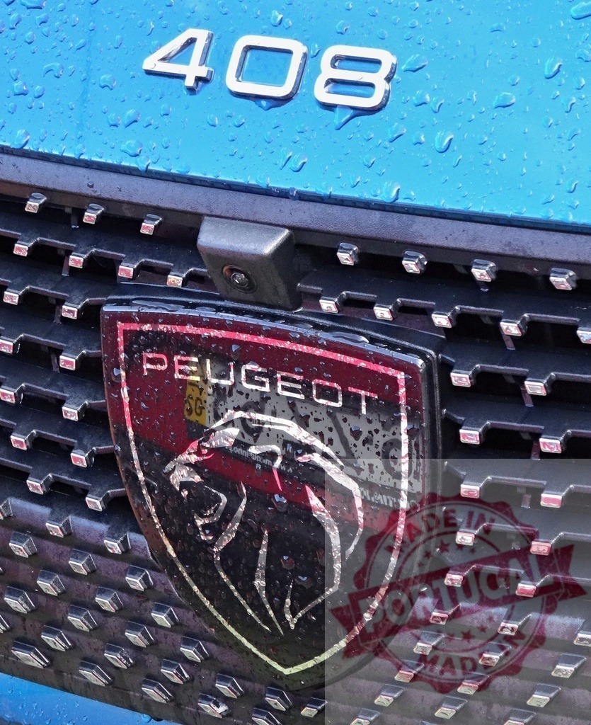 Peugeot 408 car front grille with lion emblem and water drops | Peugeot grille displaying the lion emblem, 408 model number, and front camera - Realized with Pictrs.com