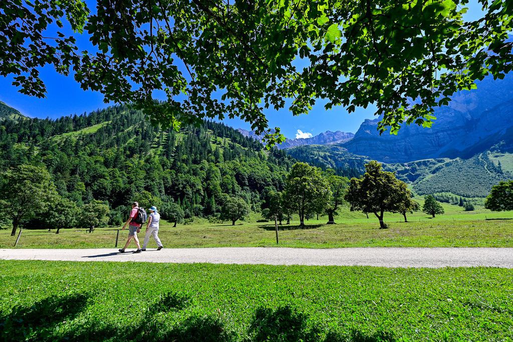 Schritt für Schritt im Paradies: Die Magie des Ahornbodens | Ein Anblick voller Harmonie, Lebensfreude und tiefer Verbundenheit mit der Natur: Gerahmt von einem dichten, sattgrünen Blätterdach im Vordergrund wandert ein Paar Hand in Hand auf einem hellen Naturweg durch das idyllische Karwendelgebirge. Die weitläufigen, sonnenbeschienenen Almwiesen und markanten Ahornbäume verströmen eine wunderbare Ruhe. Dahinter ragen dicht bewaldete Berghänge und majestätische Felswände empor, die sich eindrucksvoll gegen den strahlend blauen Sommerhimmel abheben. Diese Aufnahme fängt das pure Glück eines gemeinsamen Ausflugs und die tiefe Entschleunigung in einer der schönsten Landschaften der Alpen perfekt ein. - Realisiert mit Pictrs.com