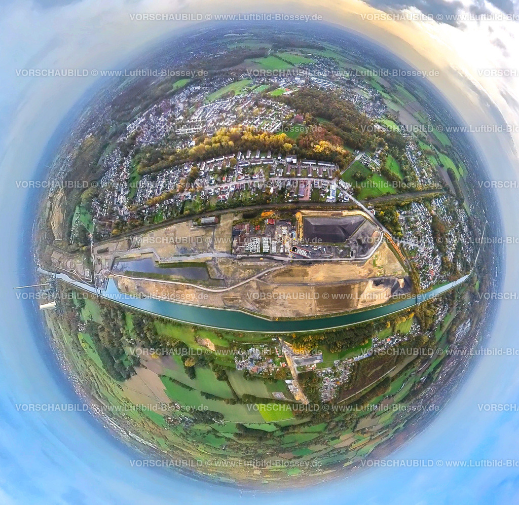 Bergkamen20221019_12_Aqua-Stadt | Luftbild, Wasserstadt Aden, Baugebiet für geplantes Stadtquartier, Aquastadt, Datteln-Hamm-Kanal, Fisheye Aufnahme, Fischaugen Aufnahme, 360 Grad Aufnahme, Oberaden, Bergkamen, Ruhrgebiet, Nordrhein-Westfalen, Deutschland