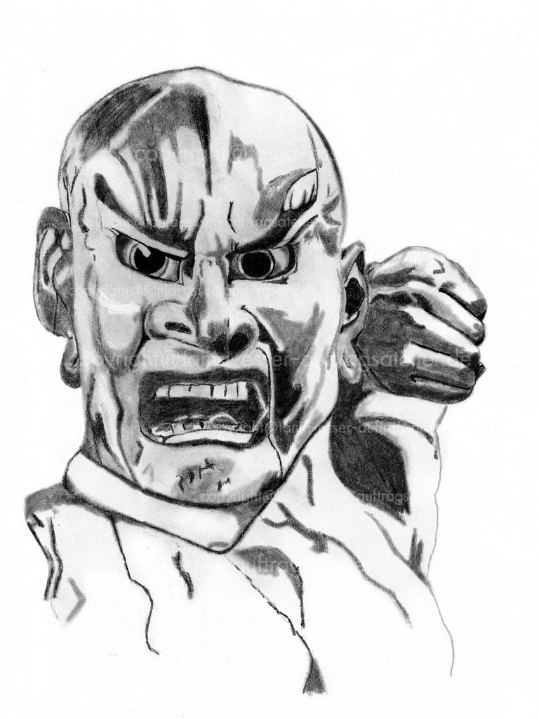 Japanischer Gott um 13 Hundert | Bleistiftzeichnung zeigt eine Holzskulptur eines wütenden japanischen Mannes. Weißer Hintergrund.