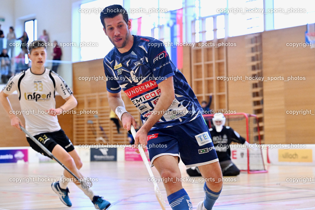 FBK Loka vs. VSV Unihockey | #6 Timo Schmid VSV Unihockey, #33 Gal Sardi FBK Loka, FBK Loka vs. VSV Unihockey, FBK Loka vs. VSV Unihockey am 23.03.2025 in Villach (Ballspielhalle St. Martin), Austria, (Photo by Bernd Stefan)