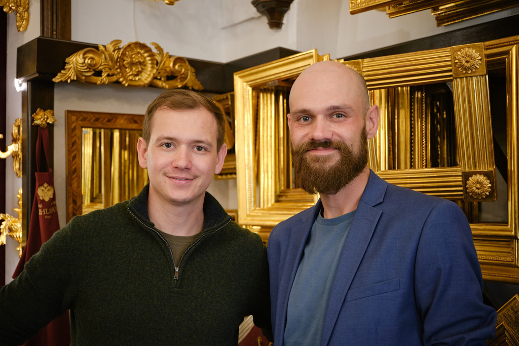 Bühlmayer Hofvergolder | WIen, Austria - April 29, 2025; C. Bühlmayer - K.u.K. Hofvergolder, Porträt Constantin und Dominikus Haider. - Realisiert mit Pictrs.com