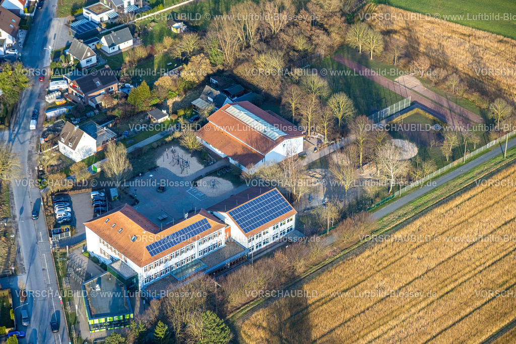 Hamm260204012 | Luftbild, Grundschule Im grünen Winkel mit Solardach, Brandheide, Uentrop, Hamm, Ruhrgebiet, Nordrhein-Westfalen, Deutschland