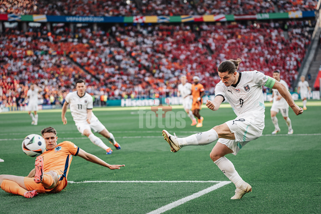 Fußball | Herren | UEFA-Fußball-Europameisterschaft 2024 | Gruppe D | Niederlande vs. Österreich | 25.06.2024 | Marcel Sabitzer (#9, Österreich) schießt das Tor zum 3:2