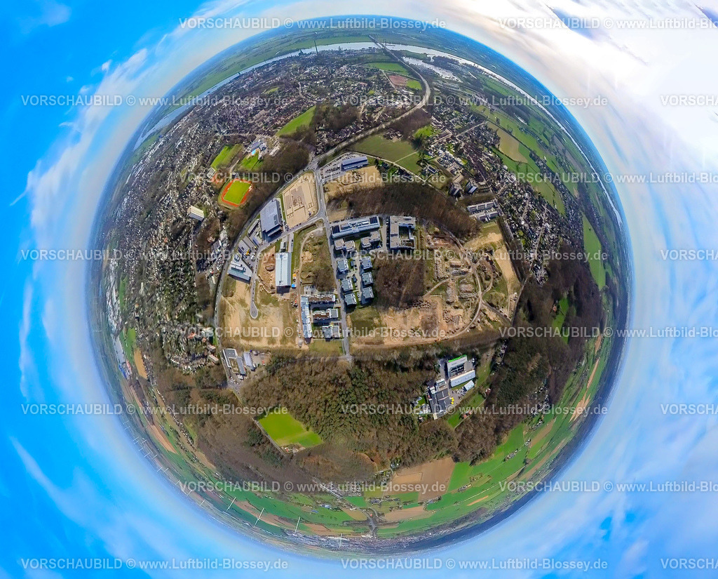 Emmerich240390152ehemaligeKaserne | Luftbild, Baugebiet Georg-Elser-Straße, neues Wohngebiet und Mona Gewerbepark, ehemalige Moritz-von-Nassau-Kaserne, Erdkugel, Fisheye Aufnahme, Fischaugen Aufnahme, 360 Grad Aufnahme, tiny world, little planet, fisheye Bild, Emmerich, Emmerich am Rhein, Nordrhein-Westfalen, Deutschland
