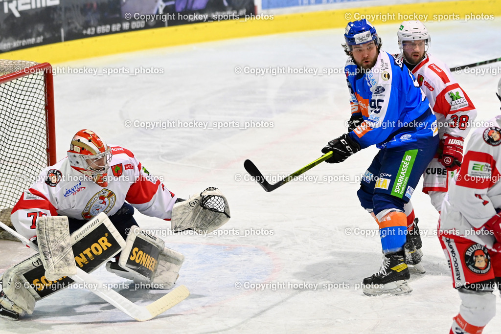 ESC Sparkasse Steindorf vs. ESV Ferlach | #75 Kropiunig Ralf ESV Ferlach, #95 Gelfanov Ruslan ESC Steindorf, #38 Künstl Kevin ESV Ferlach, ESC Sparkasse Steindorf vs. ESV Ferlach, ESC Sparkasse Steindorf vs. ESV Ferlach am 22.02.2026 in Steindorf  (Ossiachersee Halle ), Austria, (Photo by Bernd Stefan)