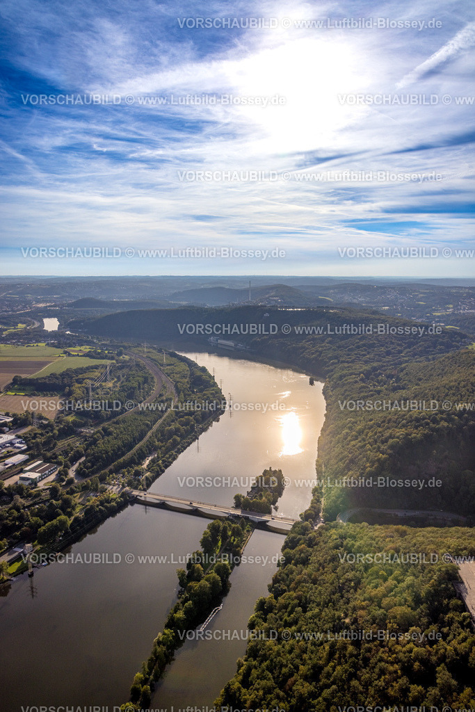 Hagen230903572 | Luftbild, Hengsteysee mit Ruhrbrücke Dortmunder Straße im Abendlicht, Fernsicht und Ardeygebirge, Boele, Hagen, Ruhrgebiet, Nordrhein-Westfalen, Deutschland