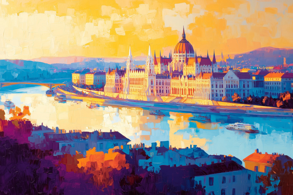 2412017 - Budapest | Blick über die Donau auf das ungarische Parlamentsgebäude im Stil eines modernen Gemäldes.