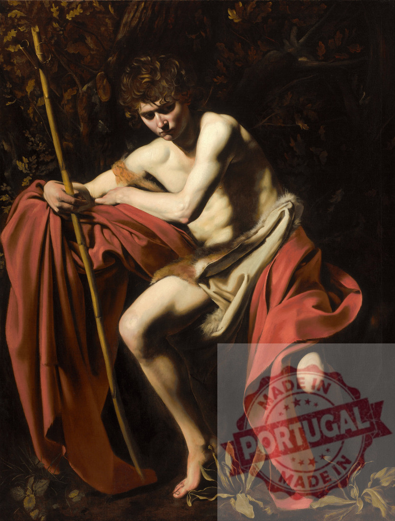 Art by Carravagio Caravaggio's Saint John the Baptist contemplating in the wilderness | Saint John the Baptist sitting in the wilderness, featuring Caravaggio's chiaroscuro style - Realisiert mit Pictrs.com