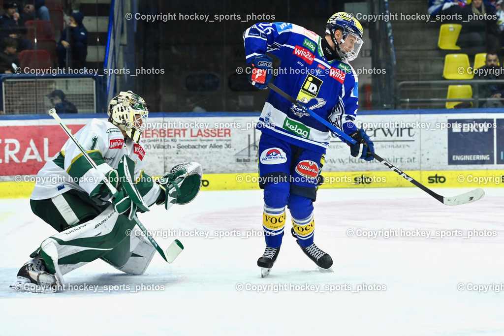 EC IDM WÄRMEPUMPEN VSV vs. FTC-TELEKOM JÉGKORONG | #1 Bence Balizs FTC-Telekom, #26 Guus van Nes EC VSV, EC IDM WÄRMEPUMPEN VSV vs. FTC-TELEKOM JÉGKORONG, EC IDM WÄRMEPUMPEN VSV vs. FTC-TELEKOM JÉGKORONG am 19.10.2025 in Villach (Stadthalle Villach), Austria, (Photo by Bernd Stefan)