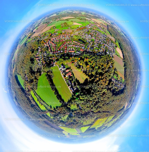 Selm241190504Cappenberg | Luftbild, Stadtzentrum und Ortsansicht Cappenberg Wohngebiet, Grundschule Auf Den Äckern und kath. Kirche Pfarrheim St. Johannes mit Waldgebiet, Erdkugel, Fisheye Aufnahme, Fischaugen Aufnahme, 360 Grad Aufnahme, tiny world, little planet, fisheye Bild, Cappenberg, Selm, Ruhrgebiet, Nordrhein-Westfalen, Deutschland