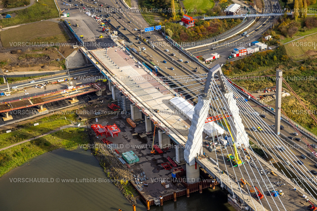 Koeln231100720RheinbrueckeMerkenich | Luftbild, Baustelle Rheinbrücke Leverkusen der Autobahn A1 über den Fluss Rhein, Rheinaue Langel-Merzenich, Merkenich, Köln, Rheinland, Nordrhein-Westfalen, Deutschland