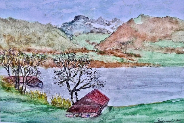 L1090520 | Sicht von Wilen über den See zum Widerfels, view from Wilen across Lake Sarnen, watercolours by Paul Townend - Realisiert mit Pictrs.com