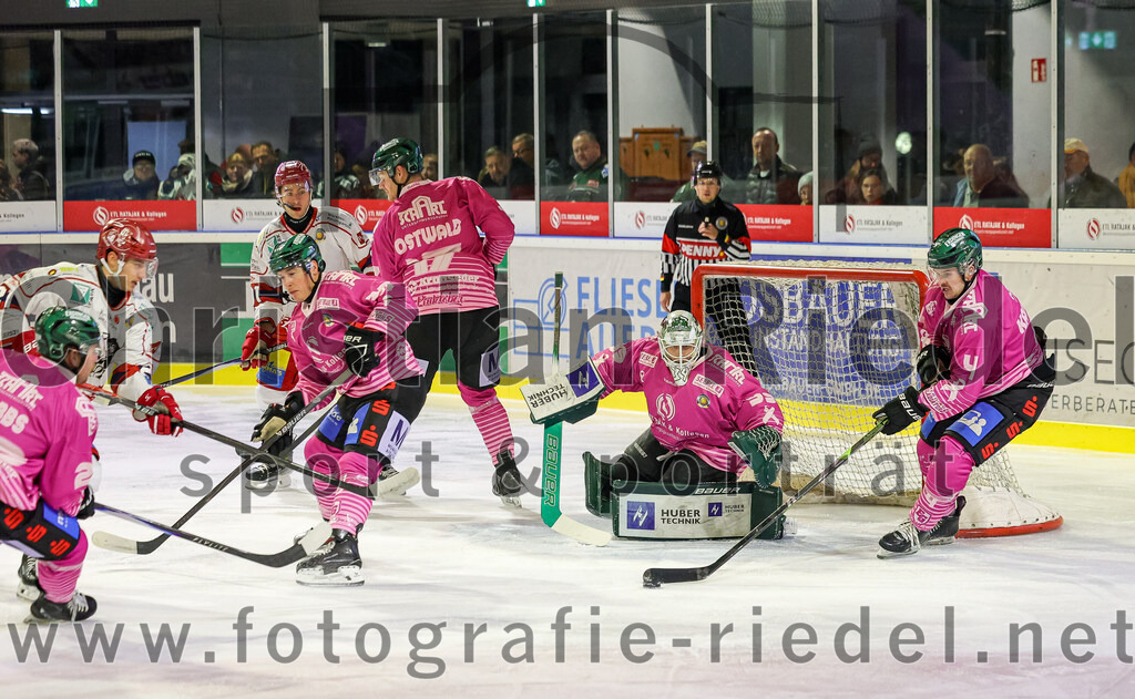 2025-10-24_043_TSV_Erding_gegen_Deggendorfer_SC | Erding, Deutschland, 24.10.2025:Eishockey, Oberliga Süd 2025 / 2026, 11. Spieltag, TSV Erding gegen Deggendorfer SC, Endergebnis: 2:4Thomas Matheson (Erding Gladiators, #37), Elia Ostwald (Erding Gladiators, #17), Torwart Leon Meder (Erding Gladiators, #39), Jesse Kauhanen (Erding Gladiators, #4)Foto: Christian Riedel / fotografie-riedel.net