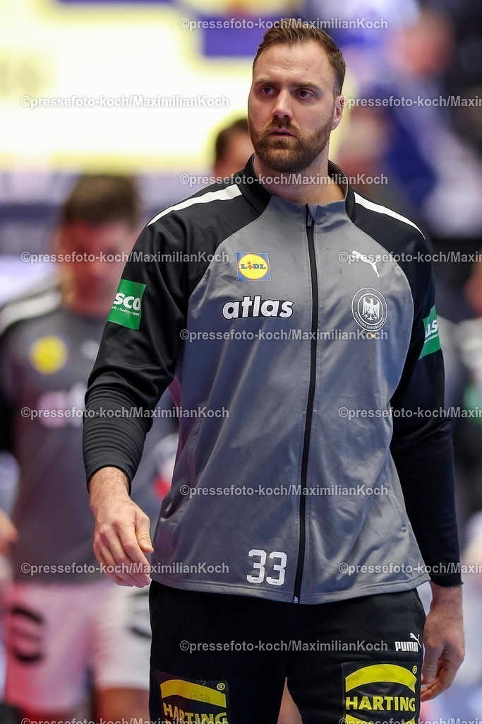EHF15012602117 | 15.01.2026, Handball, Men's EHF EURO 2026, Deutschland - Österreich, Jyske Bank Boxen in Herning, Dänemark, Preliminary Round:   Andreas Wolff (Germany #33) 