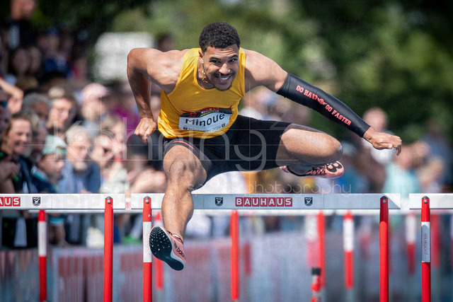 Elite Meeting; Mannheim, 14.06.2026 | MANNHEIM, GERMANY - JUNE 14, 2026 : Gregory Minoue (GER/Tracksrunner Bonn) competing in the men’s 110m hurdles during the Elite Meeting at Michael-Hoffmann-Stadion on June 14, 2026 in Mannheim, Germany.