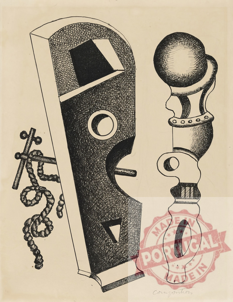 Abstract composition forming surreal geometric biomorphic shapes | Fernand Leger Abstract drawing depicting two surreal biomorphic forms with geometric cutouts and hatching details - Realized with Pictrs.com