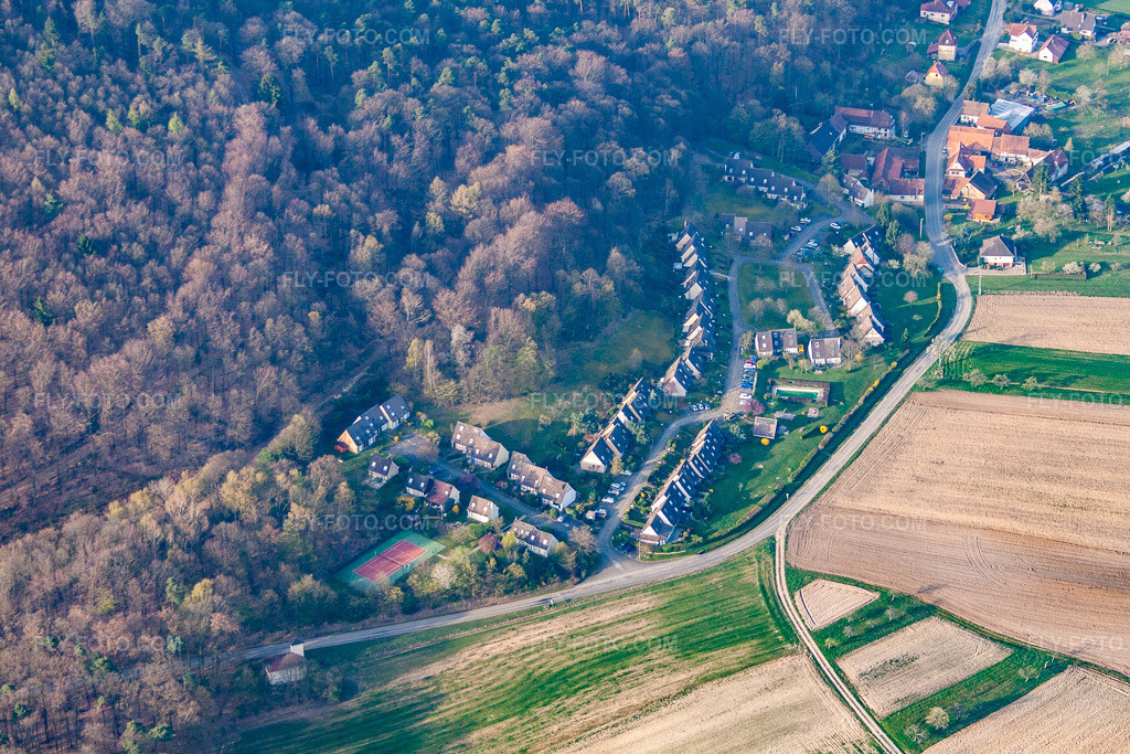 Aerial view: Holiday home complex Les Chataigners Pffafenbronn in Lembach in the state Bas-Rhin, France. – Photo: IMG_63670.jpg taken on 03/30/2014 by Werner Riehm/FLY-FOTO.com – Resolution of the original: 4752 x 3168 px