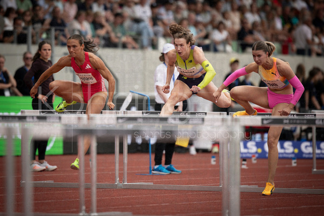 Golden Oval; Dresden, 31.05.2026 | DRESDEN , GERMANY - MAY 31:  Nika Glojnaric (SLO / Slovenia), Marlene Meier (GER / Germany), Anna Toth (HUN / Hungary) competing in the 100m hurdles during the Golden Oval Continental Tour Silver meeting on May 31, 2026 at Heinz-Steyer-Stadion in Dresden, Saxony, Germany.