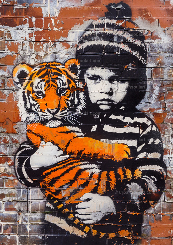 Boy With Baby Tiger | A striking street art piece featuring a boy holding a baby tiger, blending realism with urban style. This artwork conveys innocence and strength, making it a captivating choice for contemporary spaces and art enthusiasts. - Realisiert mit Pictrs.com