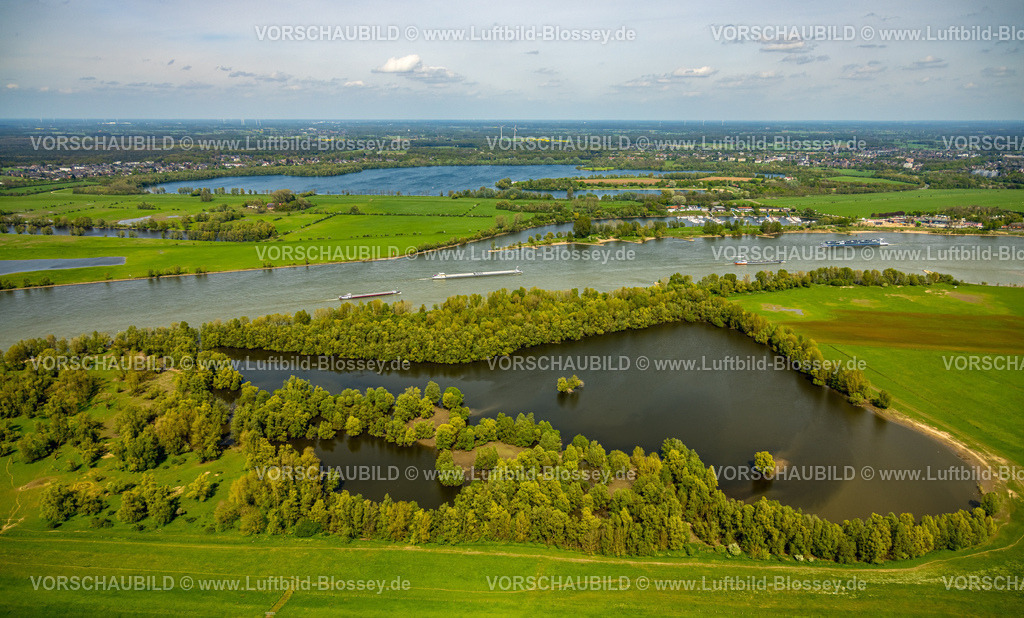 Wesel240402151RheinvorlandPerrich | Luftbild, Rheinvorland Perrich mit See und bewaldeter Uferbereich, Rheinaue, Binnenschifffahrt auf dem Fluss Rhein, hinten der Yachthafen Wesel und der Auesee, Perrich, Wesel, Niederrhein, Nordrhein-Westfalen, Deutschland