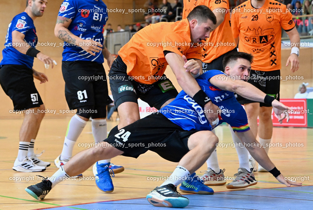 SC Ferlach vs. HSG Holding Graz 23.9.2023 | #3 SCHMID Lukas Holding Graz, #24 JOVANOVIC Mladan SC Ferlach, SC Ferlach vs. HSG Holding Graz 23.9.2023, SC Ferlach vs. HSG Holding Graz am 23.09.2023 in Bleiburg (Ballspielhalle Ferlach), Austria, (Photo by Bernd Stefan)