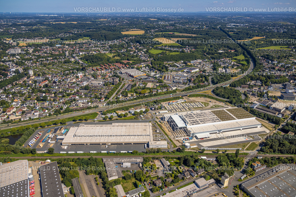 Herne240803583 | Luftbild, Baustelle Gewerbepark HER-BO an der Autobahn A43 Ausfahrt Bochum-Riemke, Neubau mit Erweiterung, Südstraße mit Lidl Zentrallager, Blick nach Herne-Süd, Herne, Ruhrgebiet, Nordrhein-Westfalen, Deutschland