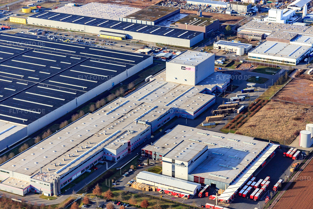 Luftbild: Industriegebiet Interpark aus Südwesten mit Tricor Packaging & Logistics AG und Progroup Board GmbH in Offenbach an der Queich im Bundesland Rheinland-Pfalz in Deutschland. Foto: IMG_112629.jpg vom 13.02.2019 durch Werner Riehm/FLY-FOTO.deWWW.TRICOR.DE