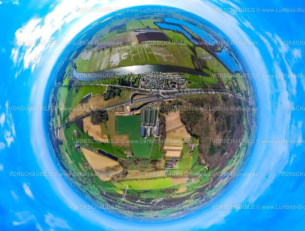 Rees240390111HaffenscheLandwehr_Haldern | Luftbild, Gewässer und Naturschutzgebiet Haffensche Landwehr, Sonsfeldsche Bruch, Hagener Meer und Düne mit Campingplatz Schulte Hagenhof, Ausbau der Betuweroute und Betuwe-Linie Eisenbahnstrecke, mit Weseler Straße und Reeser Straße Straßenkreuzung, Erdkugel, Fisheye Aufnahme, Fischaugen Aufnahme, 360 Grad Aufnahme, tiny world, little planet, fisheye Bild, Haldern, Rees, Nordrhein-Westfalen, Deutschland