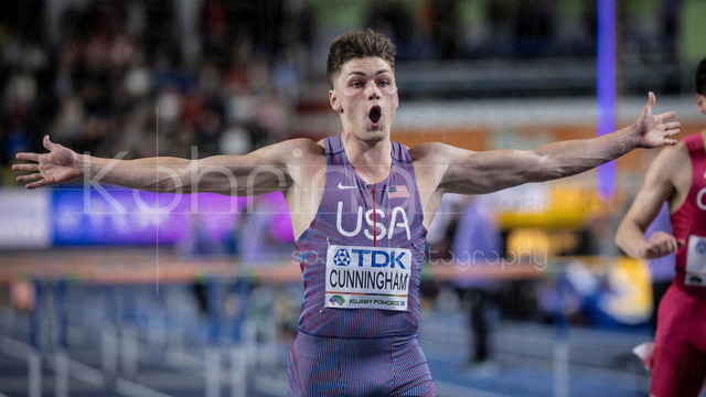 World Athletics Indoor Championships Kujawy Pomorze 26, 21.03.2026 | TORUN, POLAND - MARCH 21:  Trey CUNNINGHAM (USA) celebrates his semi-final victory of the 60m hurdles  of the World Athletics Indoor Championships Kujawy Pomorze 26 on day 2 / session 2 at Kujawsko-Pomorska Arena Torun on March 21, 2026 in Torun, Poland. 