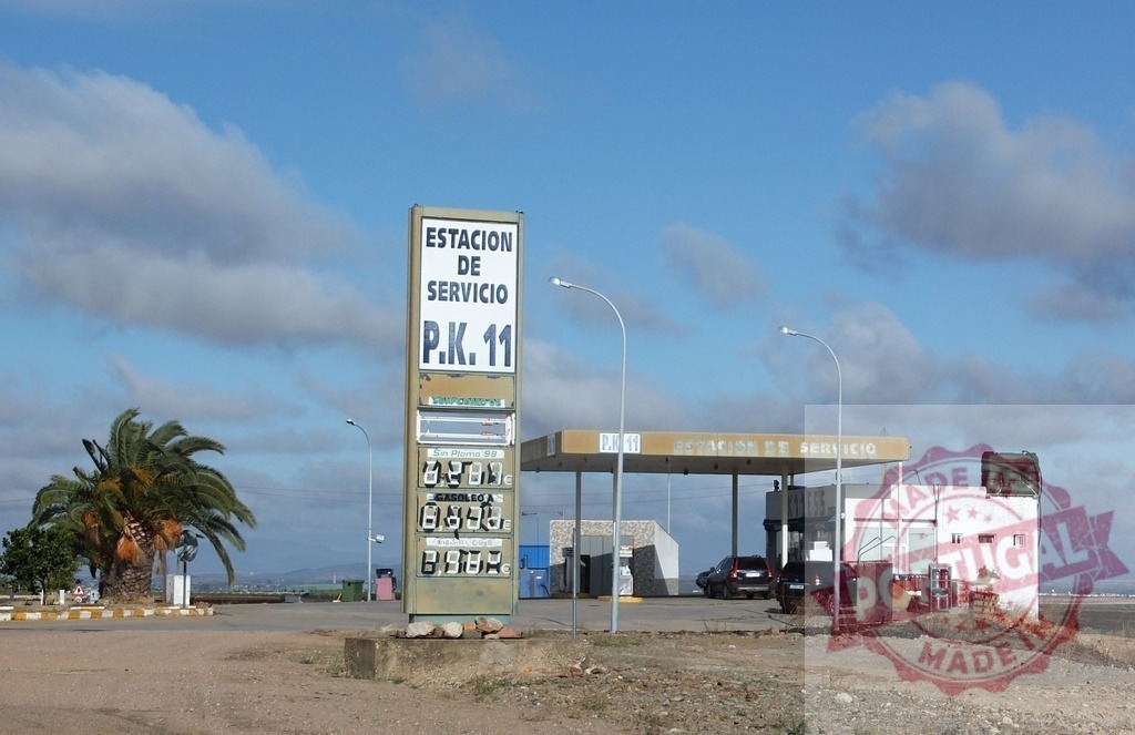 Estacion de Servicio P.K. 11 gas station in Spain | Spanish gas station P.K. 11 along a roadside with a palm tree under a cloudy sky - Realisiert mit Pictrs.com