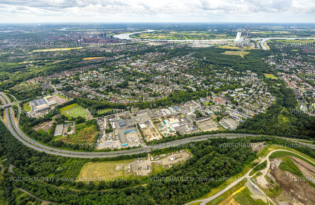 Duisburg240701960-Nord | Luftbild, Duisburg-Nord, Ortsansicht Aldenrade, Autobahn A59 und Gewerbegebiet Hülsermannshof, hinten der Fluss Rhein und das STEA Kraftwerk Walsum, Aldenrade, Duisburg, Ruhrgebiet, Nordrhein-Westfalen, Deutschland