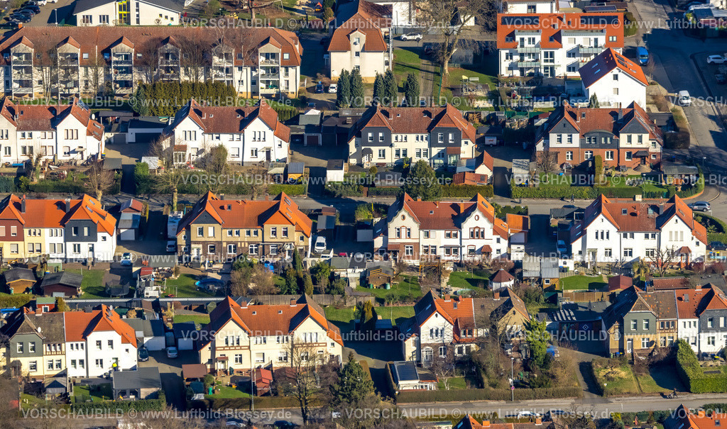 Luenen230203887 | Luftbild, Bergarbeiter-Zechensiedlung zwischen Lanstroper Straße, Wirthstraße und Querstraße, rote Dächer, Horstmar, Lünen, Ruhrgebiet, Nordrhein-Westfalen, Deutschland