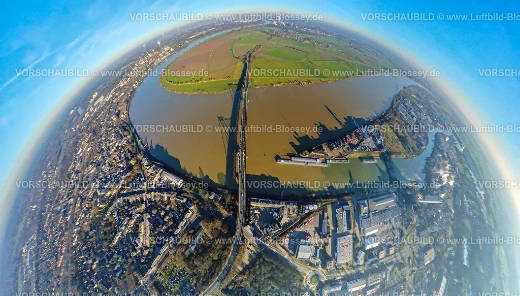 Duisburg241290108UerdingerBrueckeKrefeldTOPAZ | Luftbild, Krefeld-Uerdinger Brücke über den Fluss Rhein, Rheinaue Mündelheim, KCT Krefelder Container Terminal am Linner Mühlenbach, links Ortsansicht Uerdingen, Erdkugel, Fisheye Aufnahme, Fischaugen Aufnahme, 360 Grad Aufnahme, tiny world, little planet, fisheye Bild, Mündelheim, Duisburg, Ruhrgebiet, Nordrhein-Westfalen, Deutschland