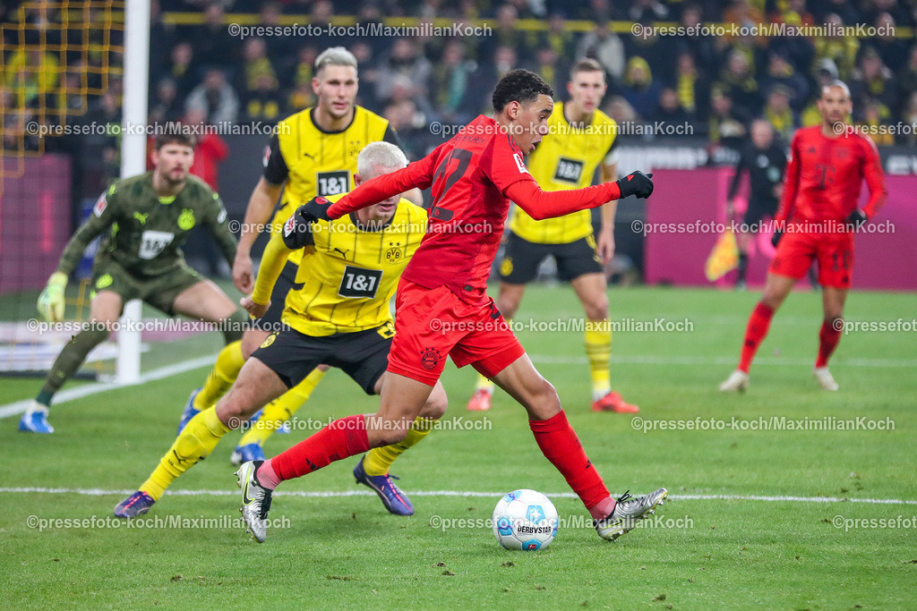 BVB30112402194 | 30.11.2024, Borussia Dortmund - FC Bayern München, 1. Fußball Bundesliga, 12. Spieltag, Signal Iduna Park, Saison 2024 2025: Zweikampf Julian Ryerson (BVB #26) gegen Jamal Musiala (Bayern #42) DFB regulations prohibit any use of photographs as image sequences and or quasi-video.