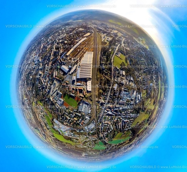 Witten240190072SprockhoevelerStrasseBundesbahnbetriebswerk | Luftbild, DB Werk Bundesbahnbetriebswerk Werk Oberbaustoffe Witten Weichenwerk Witten mit Bahngleisen, Erdkugel, Fisheye Aufnahme, Fischaugen Aufnahme, 360 Grad Aufnahme, tiny world, little planet, fisheye Bild, Sonnenschein, Witten, Ruhrgebiet, Nordrhein-Westfalen, Deutschland