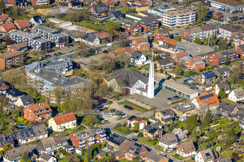 Luenen250404380 | Luftbild, kath. Kirche St. Norbert mit freistehendem Kirchturm, Nordlünen, Lünen, Ruhrgebiet, Nordrhein-Westfalen, Deutschland