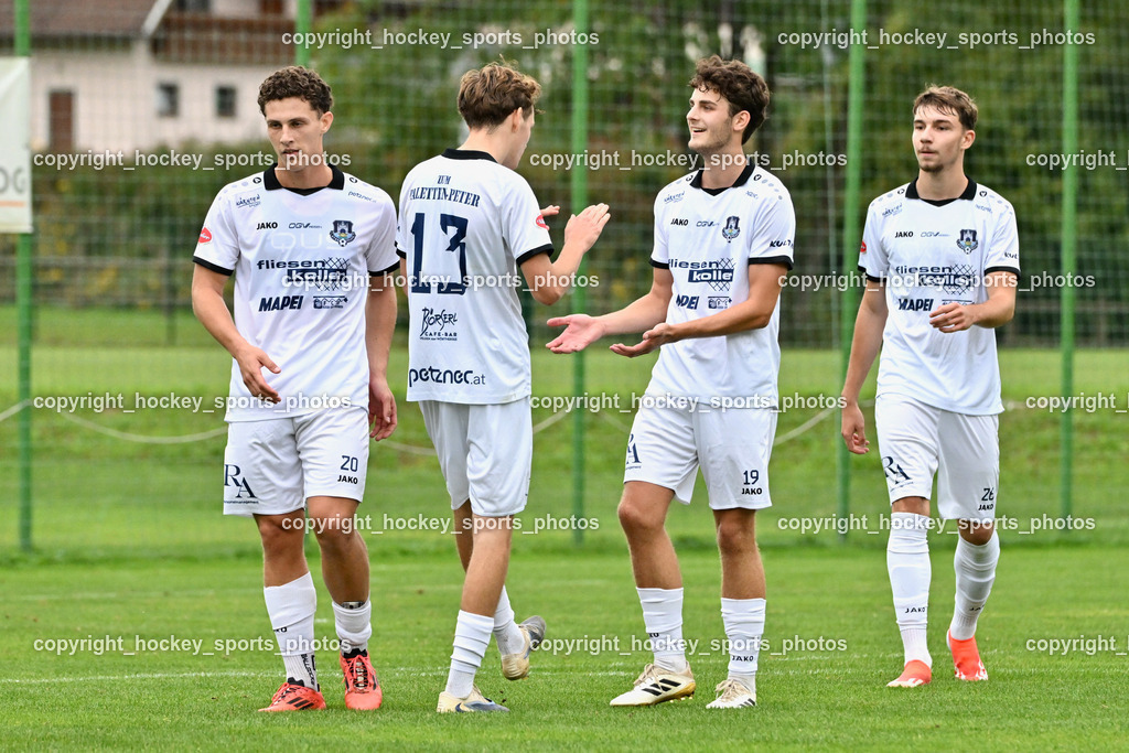 SV Arnoldstein vs. ATUS Velden | Jubel ATUS Velden Mannschaft, #13 Jonas Jochum ATUS Velden, #20 Alessandro Kiko ATUS Velden, #19 Manuel Guggenberger ATUS Velden, #26 Luka Nemet ATUS Velden, SV Arnoldstein vs. ATUS Velden, SV Arnoldstein vs. ATUS Velden am 16.09.2025 in Arnoldstein (Waldparkstadion Arnoldstein), Austria, (Photo by Bernd Stefan)