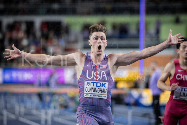 World Athletics Indoor Championships Kujawy Pomorze 26, 21.03.2026 | TORUN, POLAND - MARCH 21:  Trey CUNNINGHAM (USA) celebrates his semi-final victory of the 60m hurdles  of the World Athletics Indoor Championships Kujawy Pomorze 26 on day 2 / session 2 at Kujawsko-Pomorska Arena Torun on March 21, 2026 in Torun, Poland. 