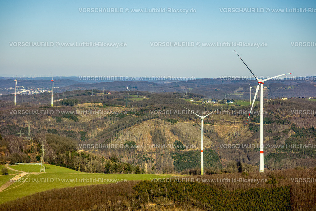 Hagen250302942 | Luftbild, Hügellandschaft Waldgebiet mit Waldschäden und Windrädern in Dahl, Hagen, Ruhrgebiet, Nordrhein-Westfalen, Deutschland