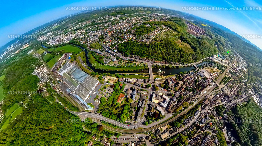 Hagen240590257Hohenlimburg | Luftbild, Innenstadtansicht und Fluss Lenne, Schloss Hohenlimburg mit Schlossgarten, Waldgebiet Schlossberg, Gewerbegebiet Obernahmerstraße, Erdkugel, Fisheye Aufnahme, Fischaugen Aufnahme, 360 Grad Aufnahme, tiny world, little planet, fisheye Bild, Hohenlimburg, Hagen, Ruhrgebiet, Nordrhein-Westfalen, Deutschland
