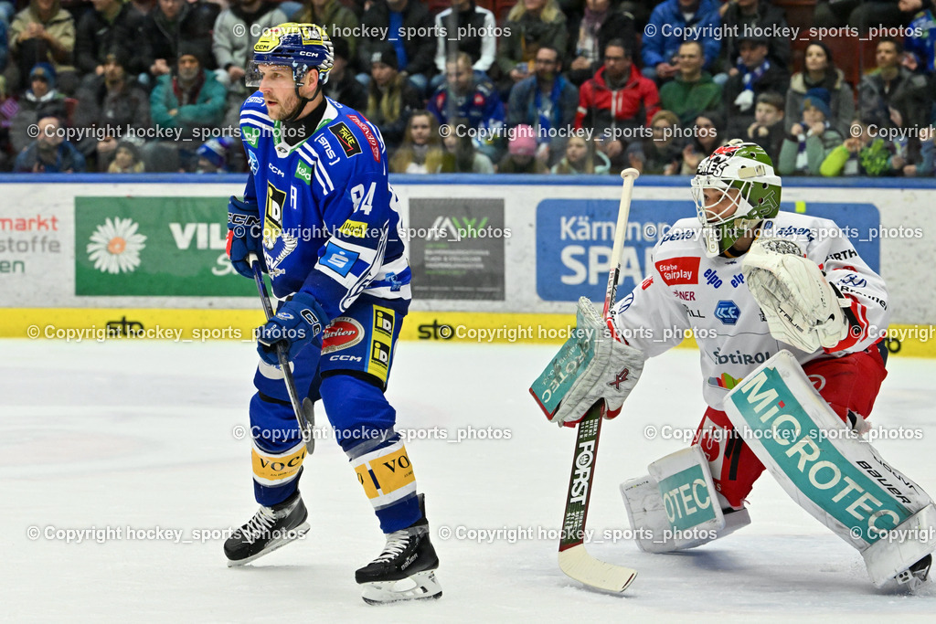 EC VSV vs. HC Bozen 16.2.2024 | #84 Andrew Desjardins, #38 Harvey Sam, EC VSV vs. HC Bozen 16.2.2024, EC VSV vs. HC Bozen 16.2.2024 am 16.02.2024 in Villach (Stadthalle Villach), Austria, (Photo by Bernd Stefan)