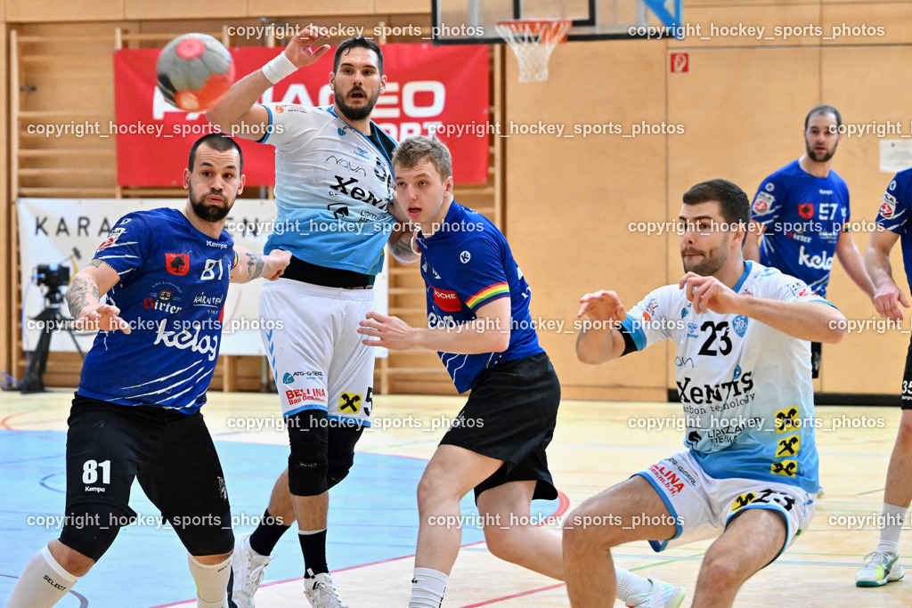 SC Ferlach vs. HSG Bärnbach/Köflach 30.3.2024 | #81 MILICEVIC Adrian SC Ferlach, #56 Beciri Kristian HSG Bärnbach, #8 KNAPP Simon SC Ferlach, #23 Grbavac Josip HSG Bärnbach, SC Ferlach vs. HSG Bärnbach/Köflach 30.3.2024, SC Ferlach vs. HSG Bärnbach/Köflach am 30.03.2024 in Ferlach (Ballspielhalle Ferlach), Austria, (Photo by Bernd Stefan)