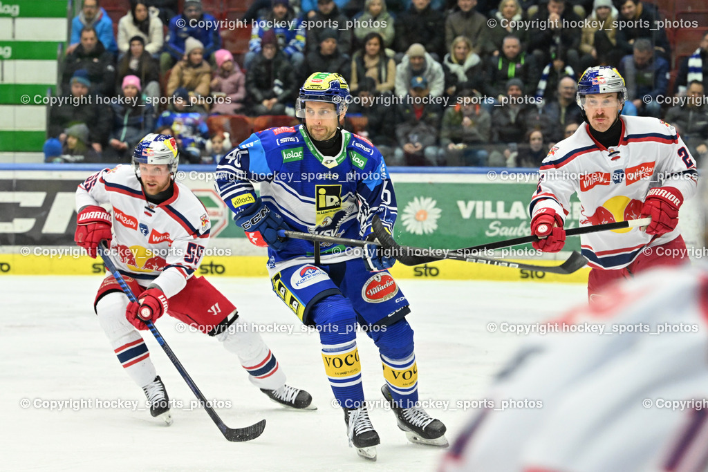 EC IDM WÄRMEPUMPEN VSV vs. EC Red Bull Salzburg | #55 Schreier Lukas EC Redbull Salzburg, #46 WALL Alex EC VSV, #2 Lewington Tyler James EC Redbull Salzburg, EC IDM WÄRMEPUMPEN VSV vs. EC Red Bull Salzburg, EC IDM WÄRMEPUMPEN VSV vs. EC Red Bull Salzburg am 17.01.2025 in Villach (Stadthalle Villach), Austria, (Photo by Bernd Stefan)