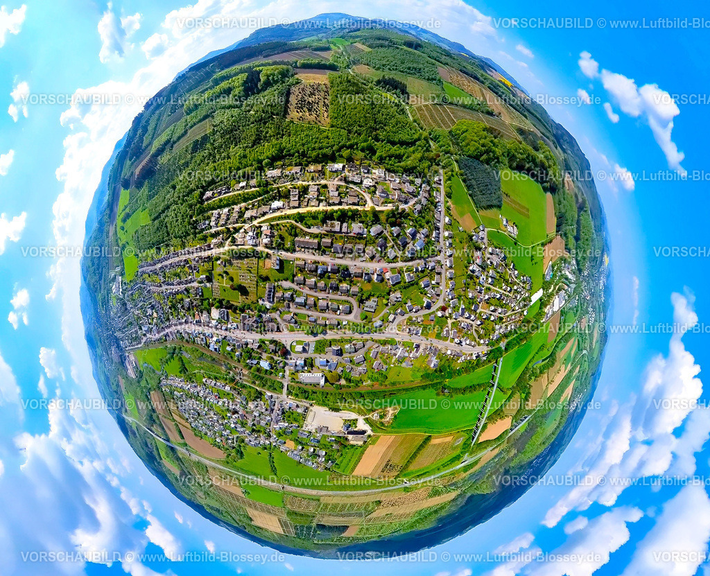 Bestwig240590412Mitte | Luftbild, Wohngebiet Ortsansicht Velmede, Waldgebiet mit Baumplantagen, Erdkugel, Fisheye Aufnahme, Fischaugen Aufnahme, 360 Grad Aufnahme, tiny world, little planet, fisheye Bild, Velmede, Bestwig, Sauerland, Nordrhein-Westfalen, Deutschland
