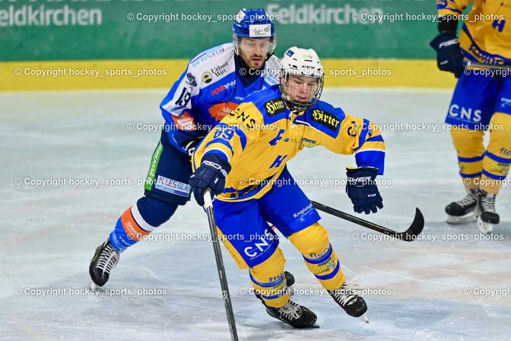 ESC SPARKASSE STEINDORF vs. 1. EHC ALTHOFEN | #69 Kropiunig Arno EHC Althofen, #19 Friedrich Lukas ESC Steindorf, ESC SPARKASSE STEINDORF vs. 1. EHC ALTHOFEN, ESC SPARKASSE STEINDORF vs. 1. EHC ALTHOFEN am 30.11.2025 in Steindorf (Ossiachersee Halle), Austria, (Photo by Bernd Stefan)